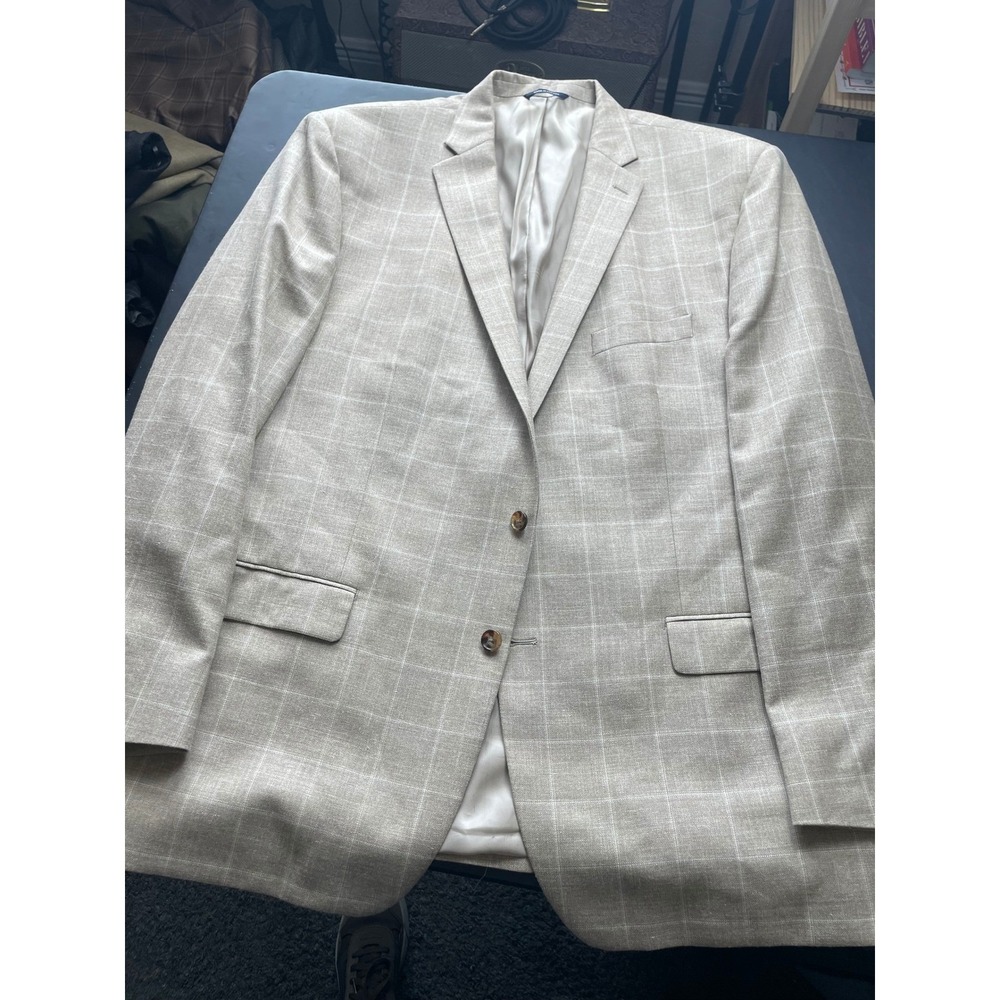 Ralph Lauren Blazer Mens 52L Tan Wool Silk Linen Excellent Windowpane Sport Coat